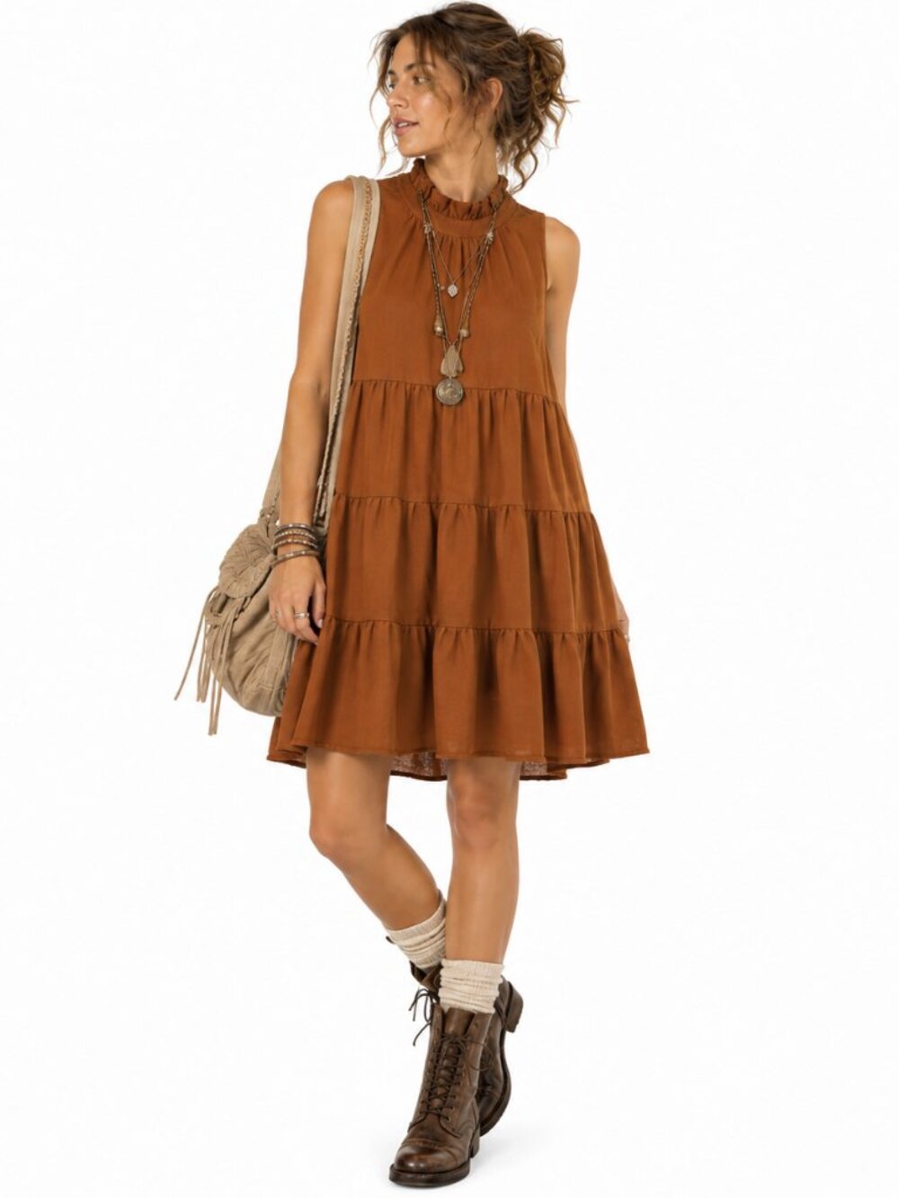 TCEC Tiered Mini Dress Womens L Rust Brown Mock Neck Ruffle Babydoll Boho
